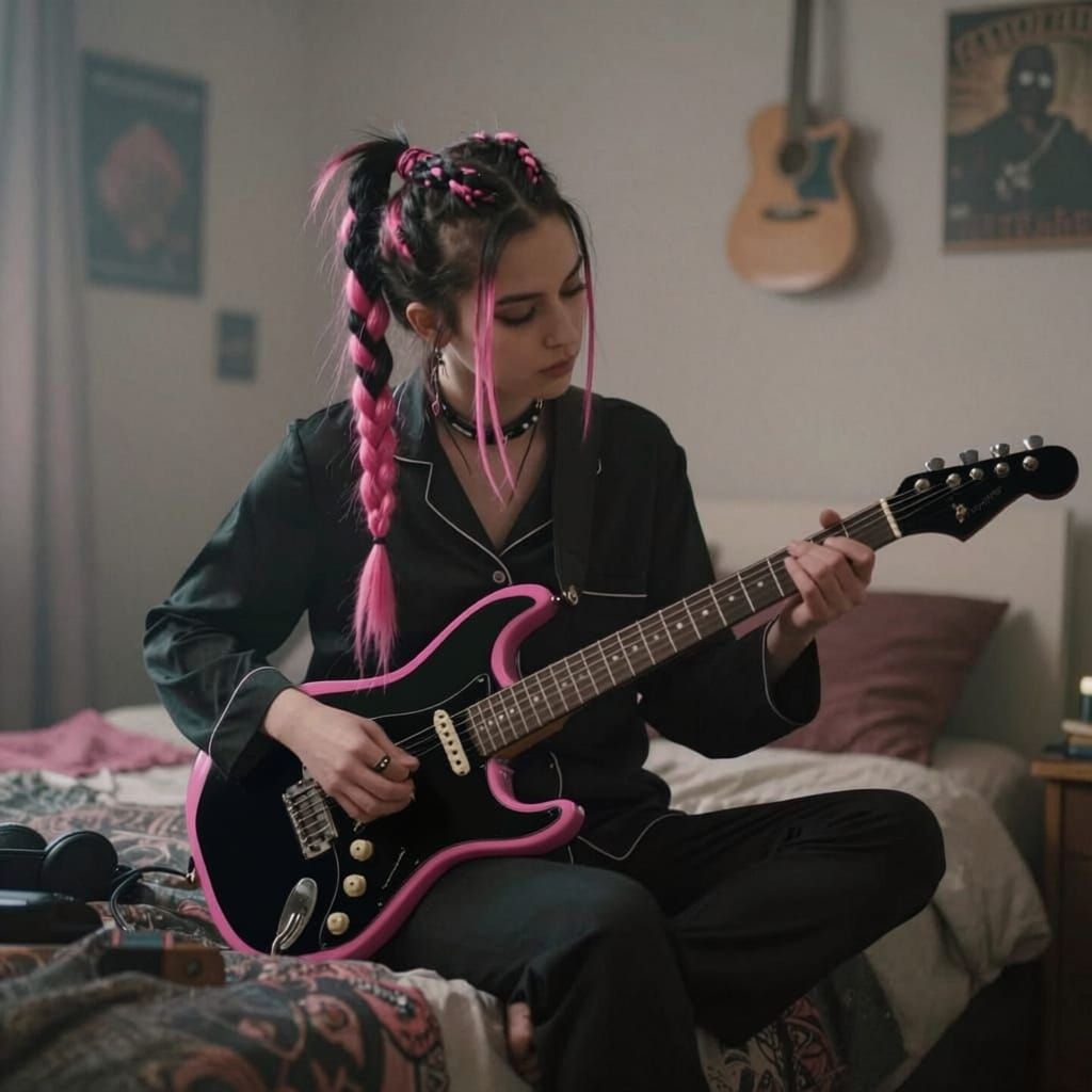 Punk Girl Plays Guitar in Cinematic Bedroom