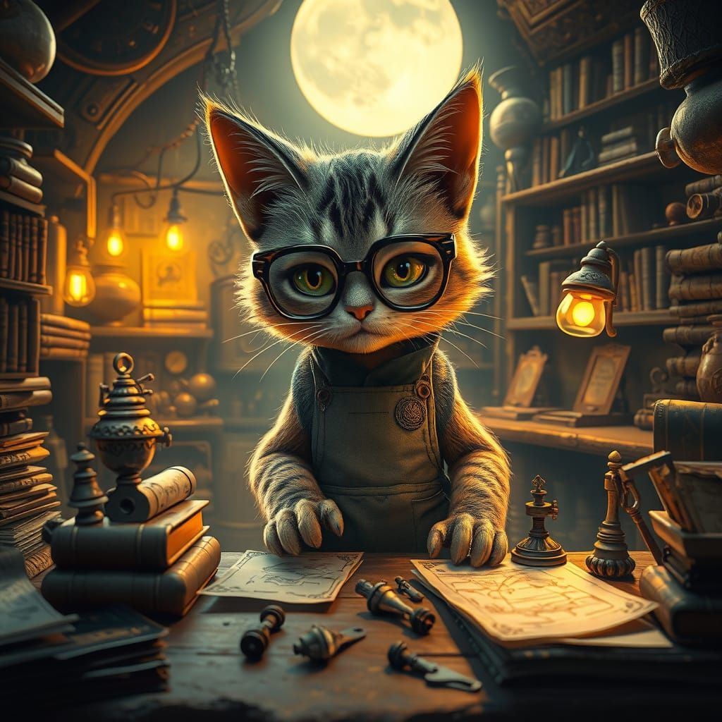 Whimsical Feline Inventor in Moonlit Workshop