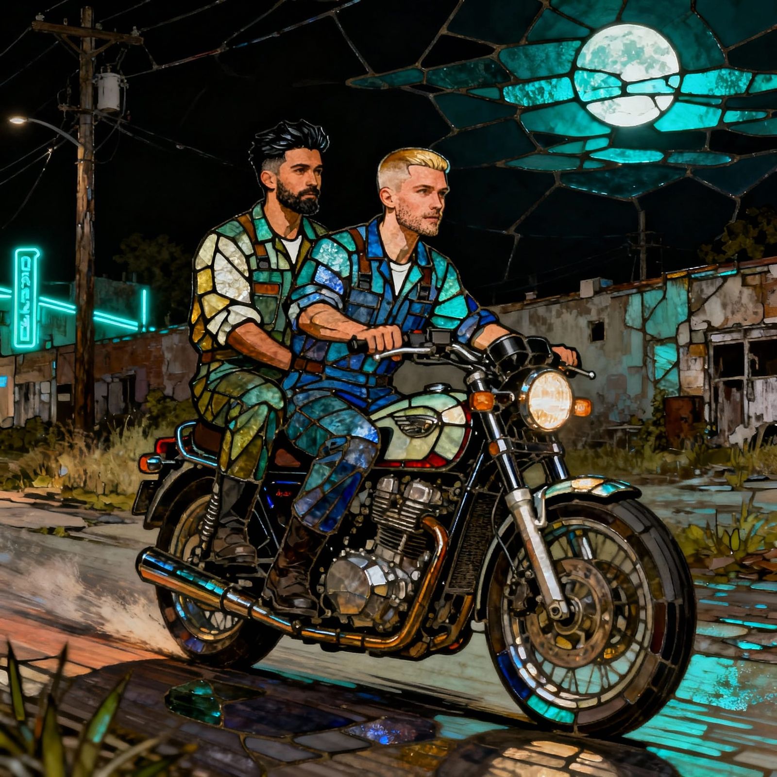 Two Mechanics Ride Motorcycle in Stained Glass Style