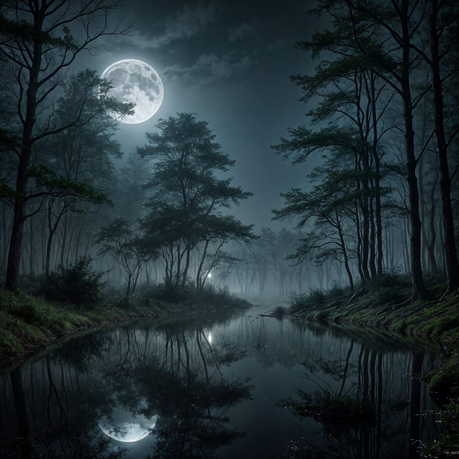 Eerie Forest at Night Under Full Moon Reflection