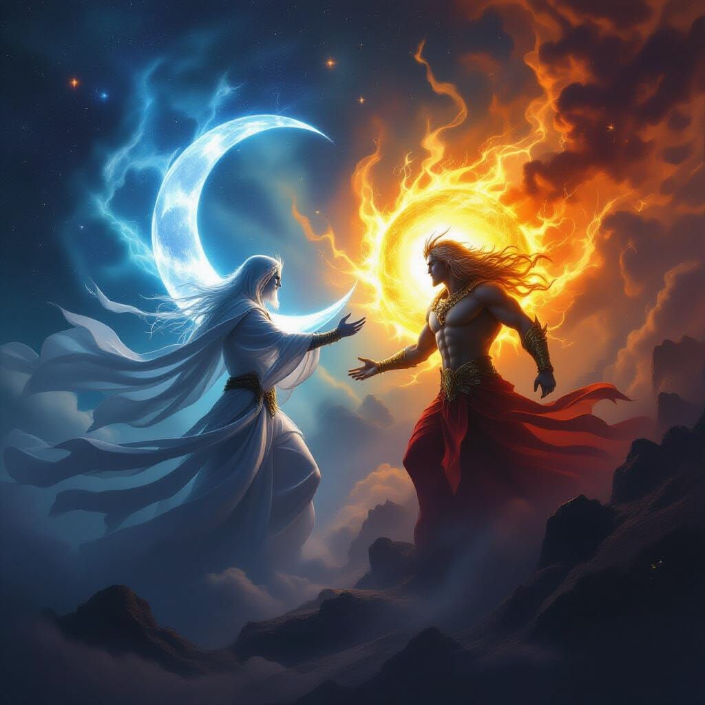 Cosmic Battle: Moon God vs Sun God in Galactic Void
