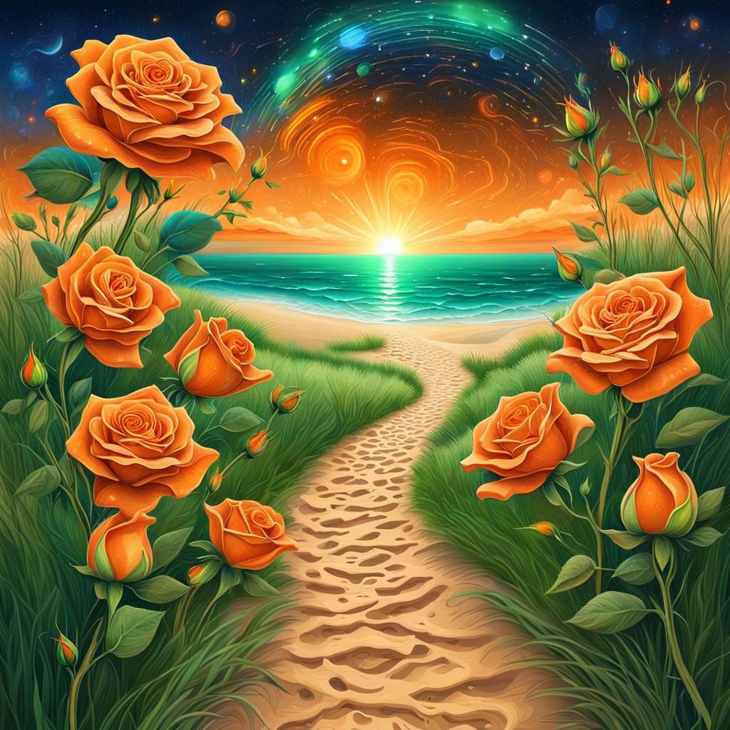 Orange Roses on Beach Path: Cosmic Astral Illustration