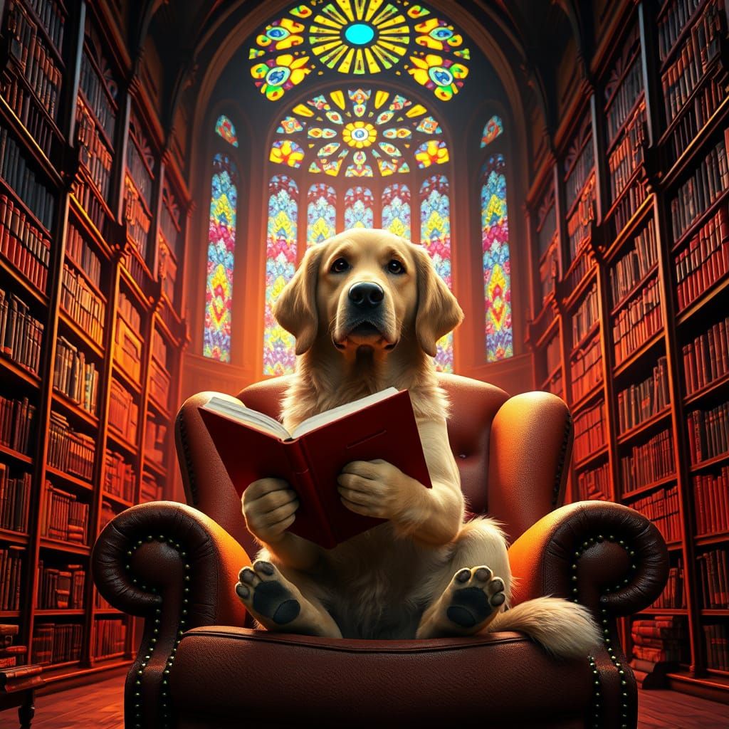 Golden Retriever Reads in Majestic Library
