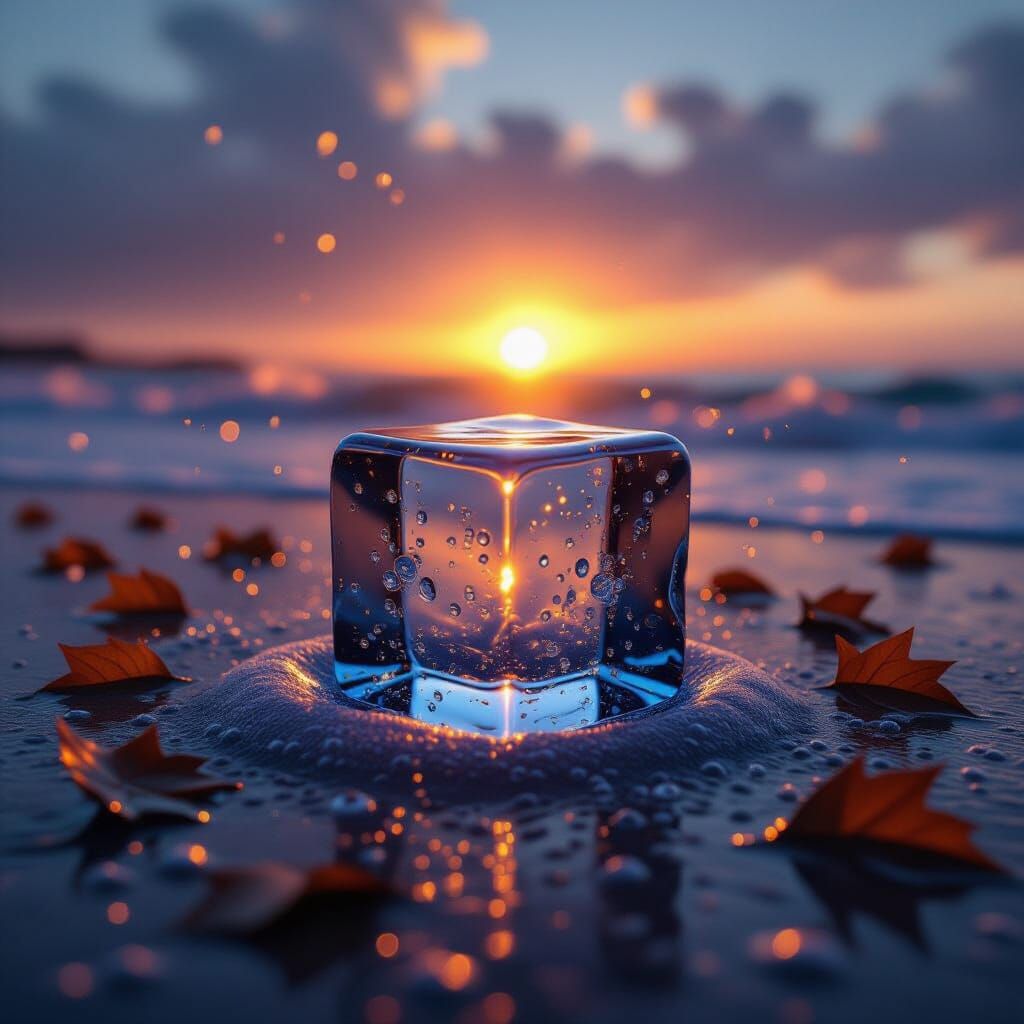 Glass Ice Cubes in Storm at Sunset