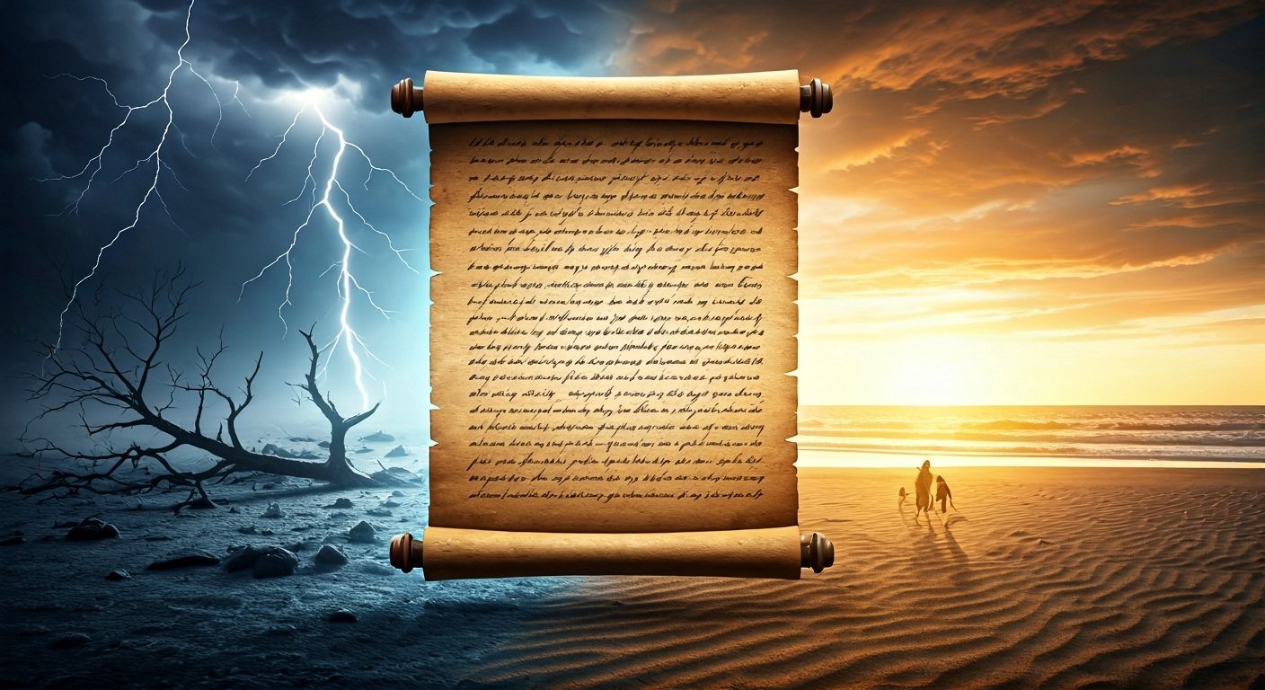 Contrasting Landscapes: Ancient Scroll and Golden Sunrise