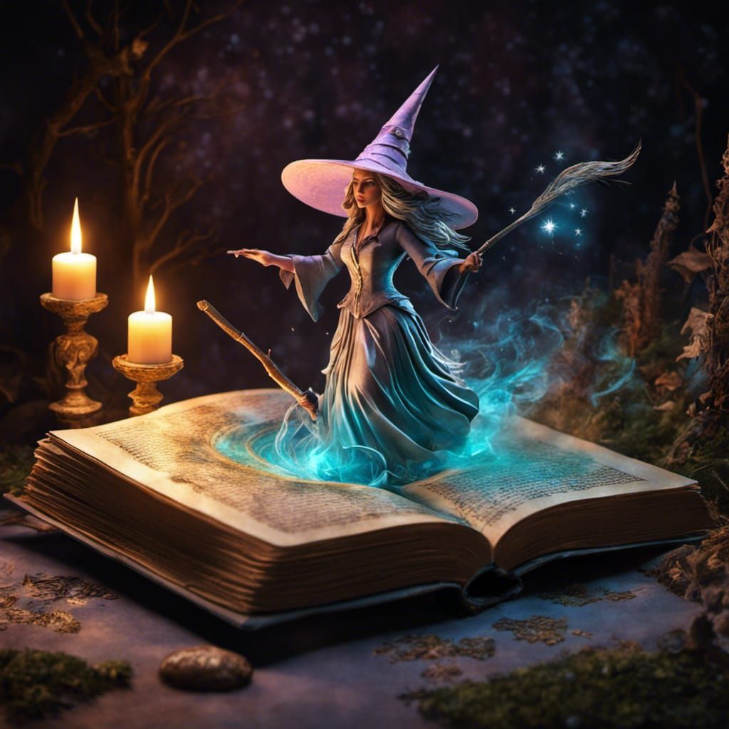 Enchanted Witch Emerges from Spellbook in 3D