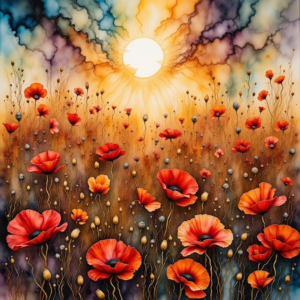 Vibrant Poppy Field in Abstract Watercolor Style
