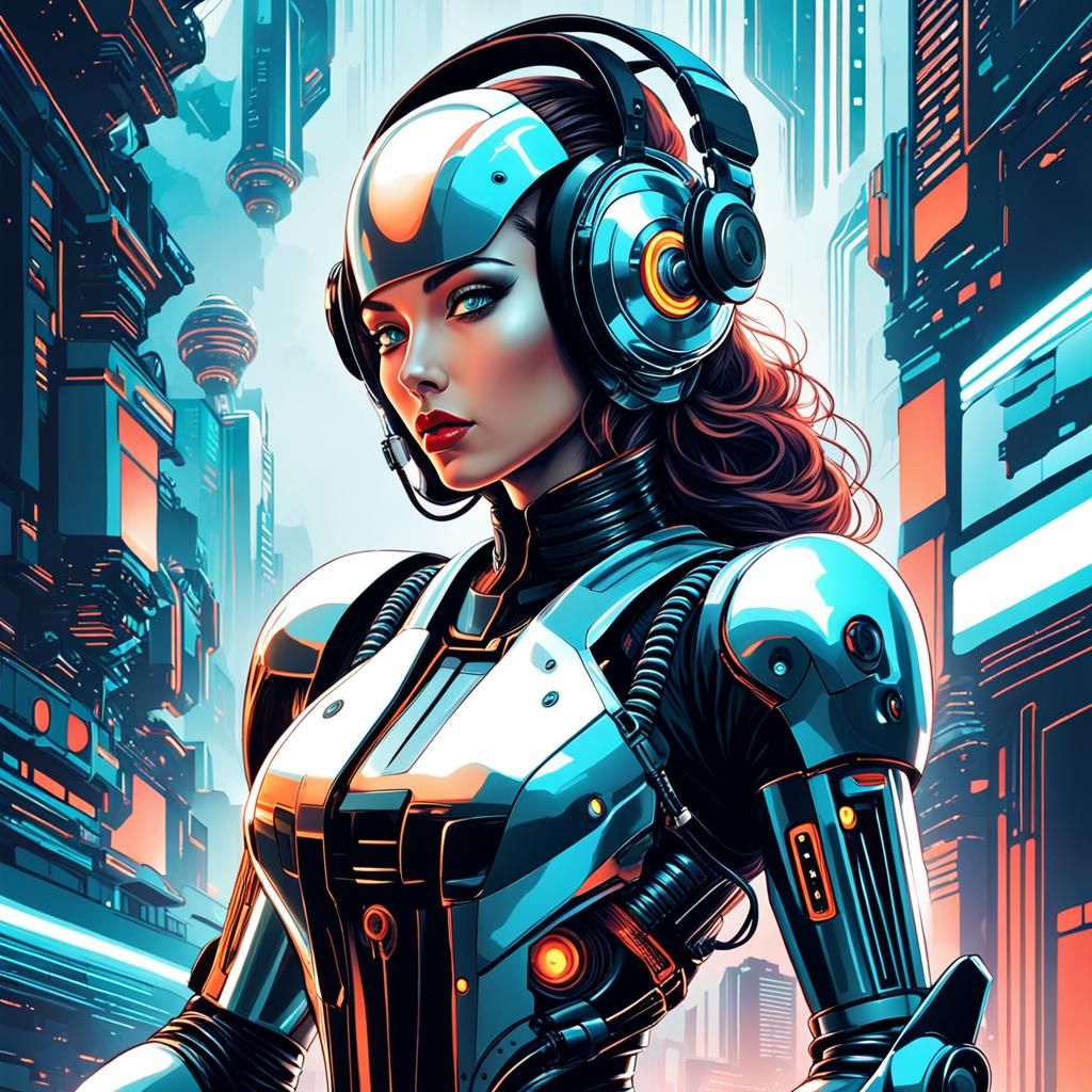 Retro Cyberpunk Woman in Robotic Suit Illustration
