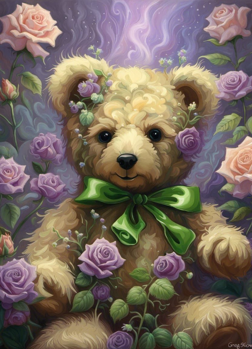 Ethereal Teddy Bear with Roses in Dreamy Mist
