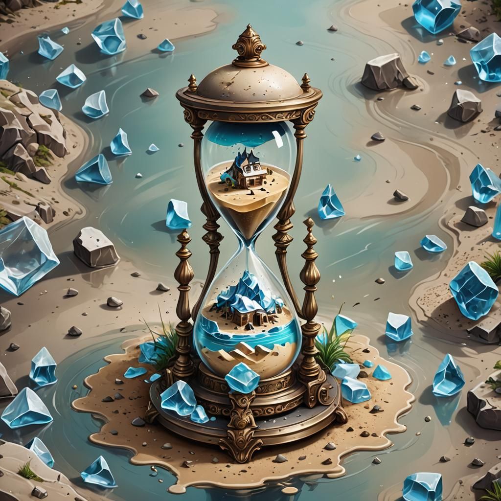 A beautiful, Ornate hourglass filled with icebergs melting sand to an island in the bottom, creating life