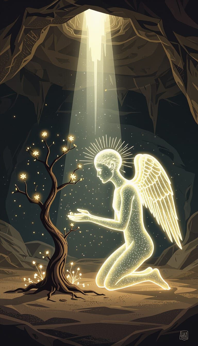 Ethereal Winged Figure in Ancient Cave Art Style