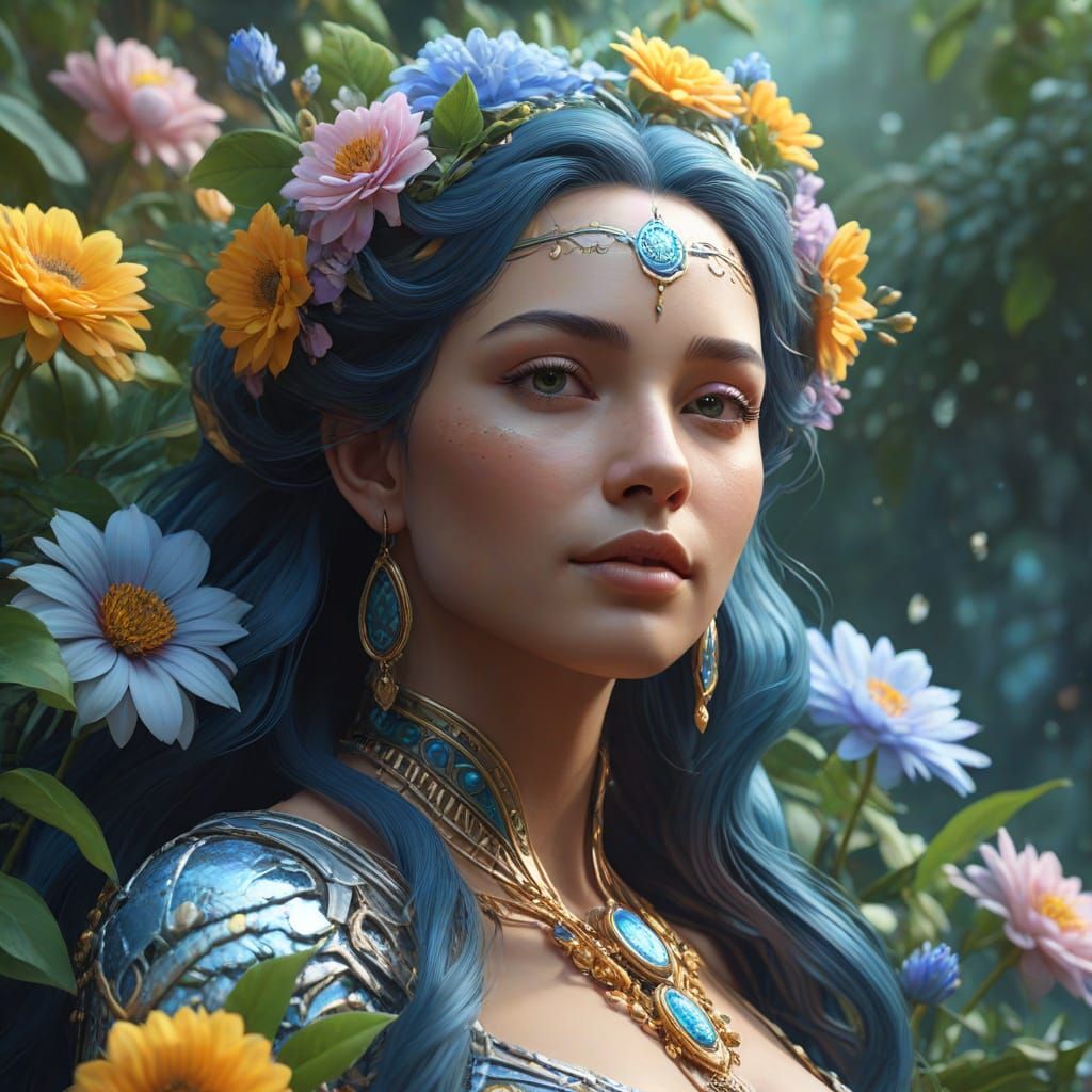 Ethereal Earth Mother Surrounded by Flowers, Digital Art