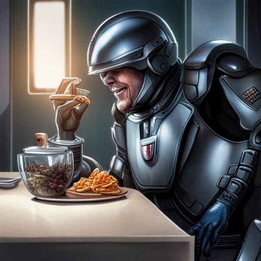 Hyperrealistic Robocop Laughing and Eating Salad