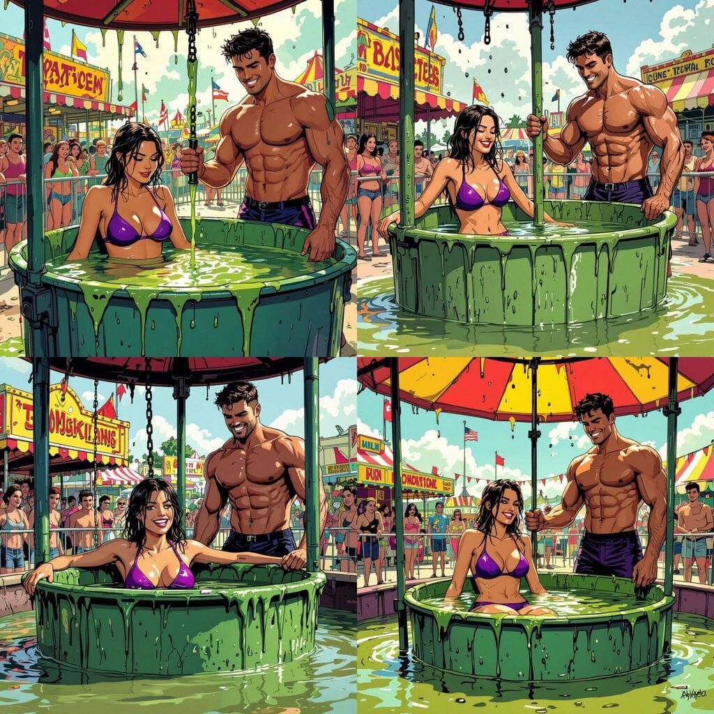Woman Dunked in Slimy Tank at Comic Fairground