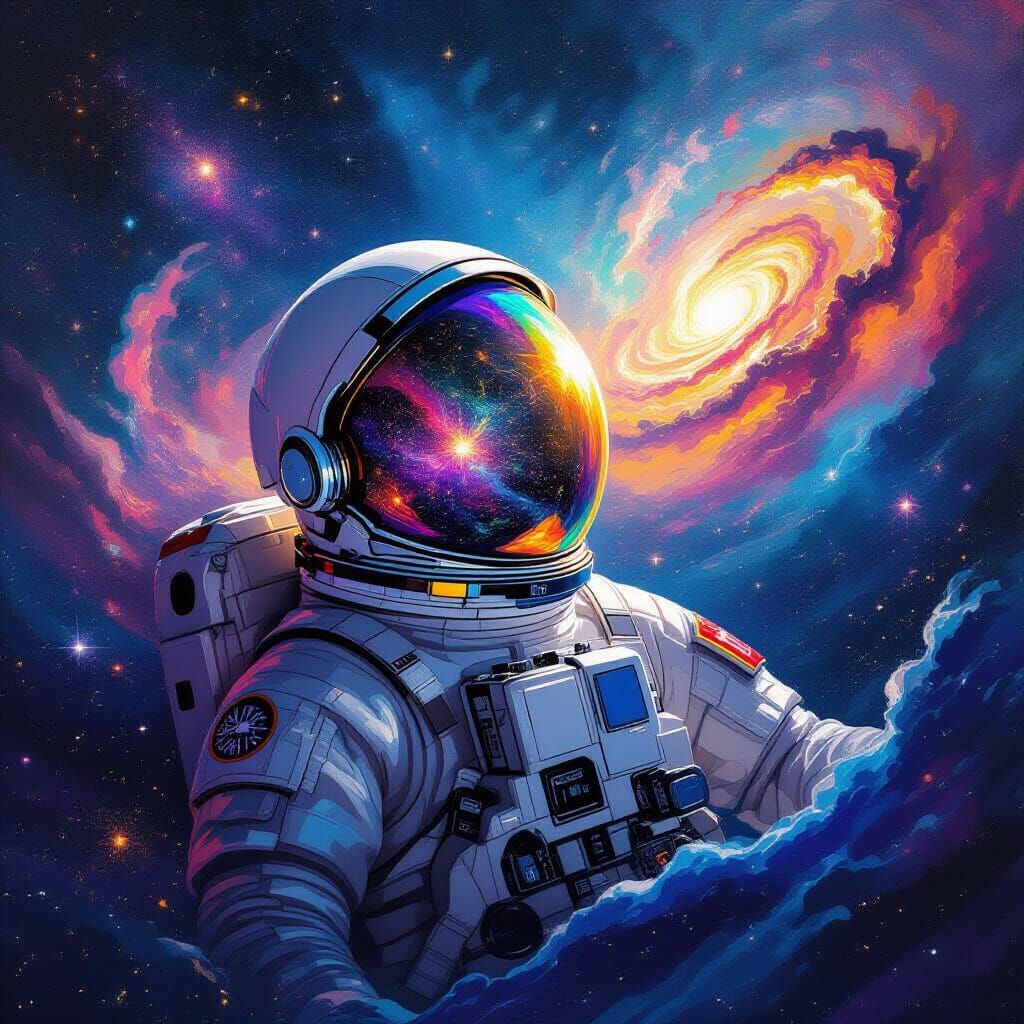 Astronaut Adrift in Cosmic Ocean with Kaleidoscopic Reflecti...