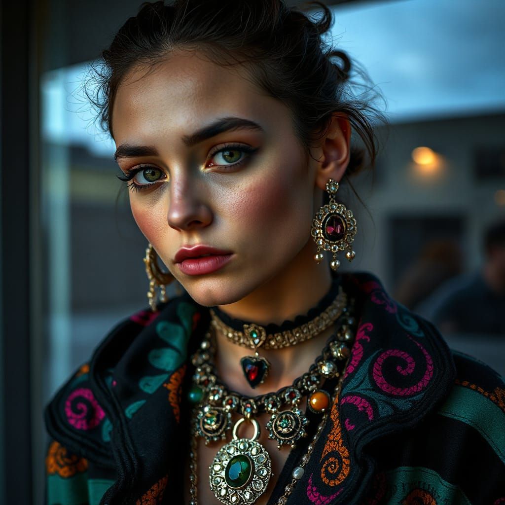 Hyperrealistic Portrait in Vibrant Rock-Inspired Attire