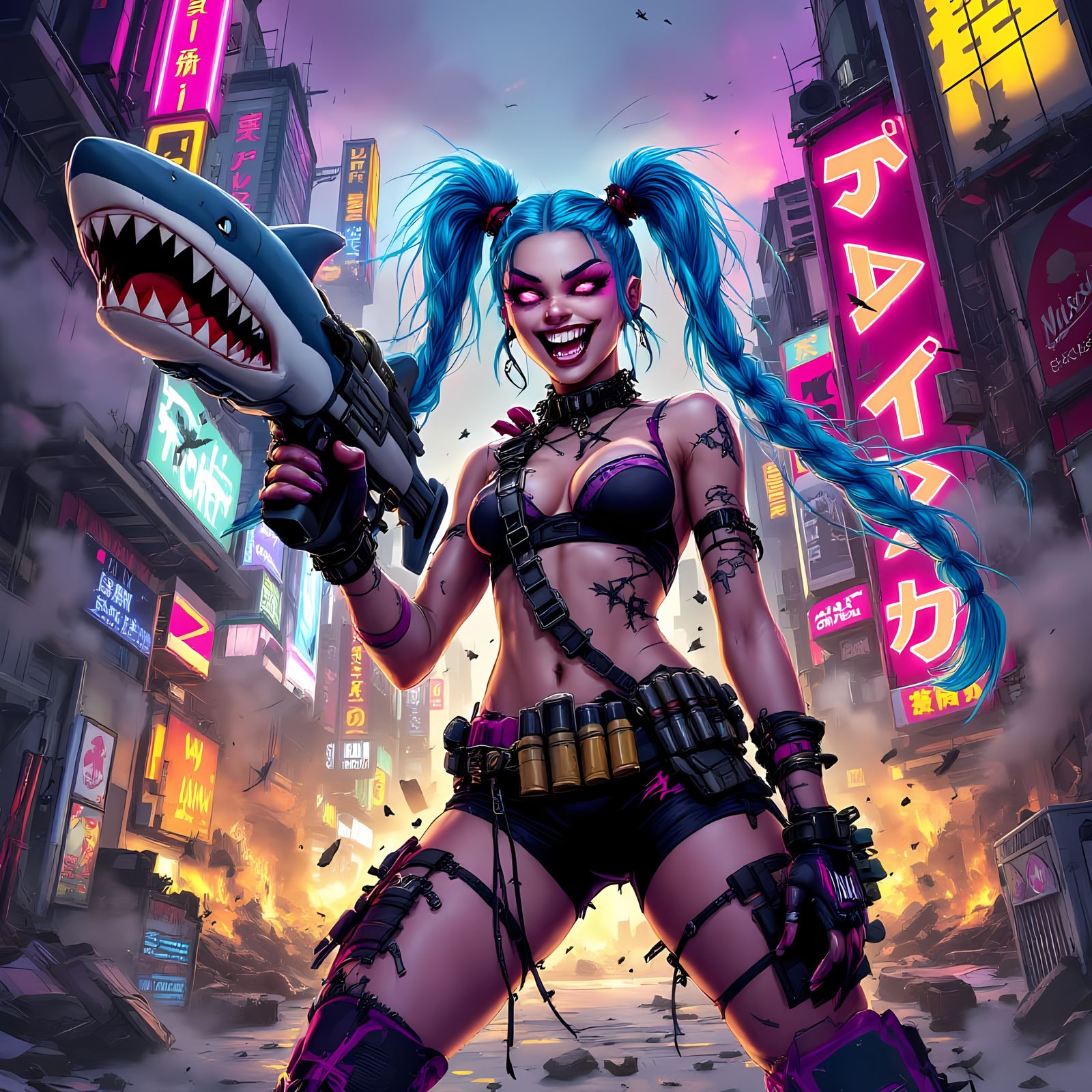 Jinx in Dystopian Cityscape Chaos