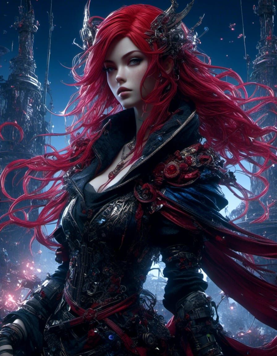 <lora:Fantasy 3d character:1.0> <lora:3D Anime:1.0> Female fantasy air sorceress, bright red hair, on a tower, black, ru...