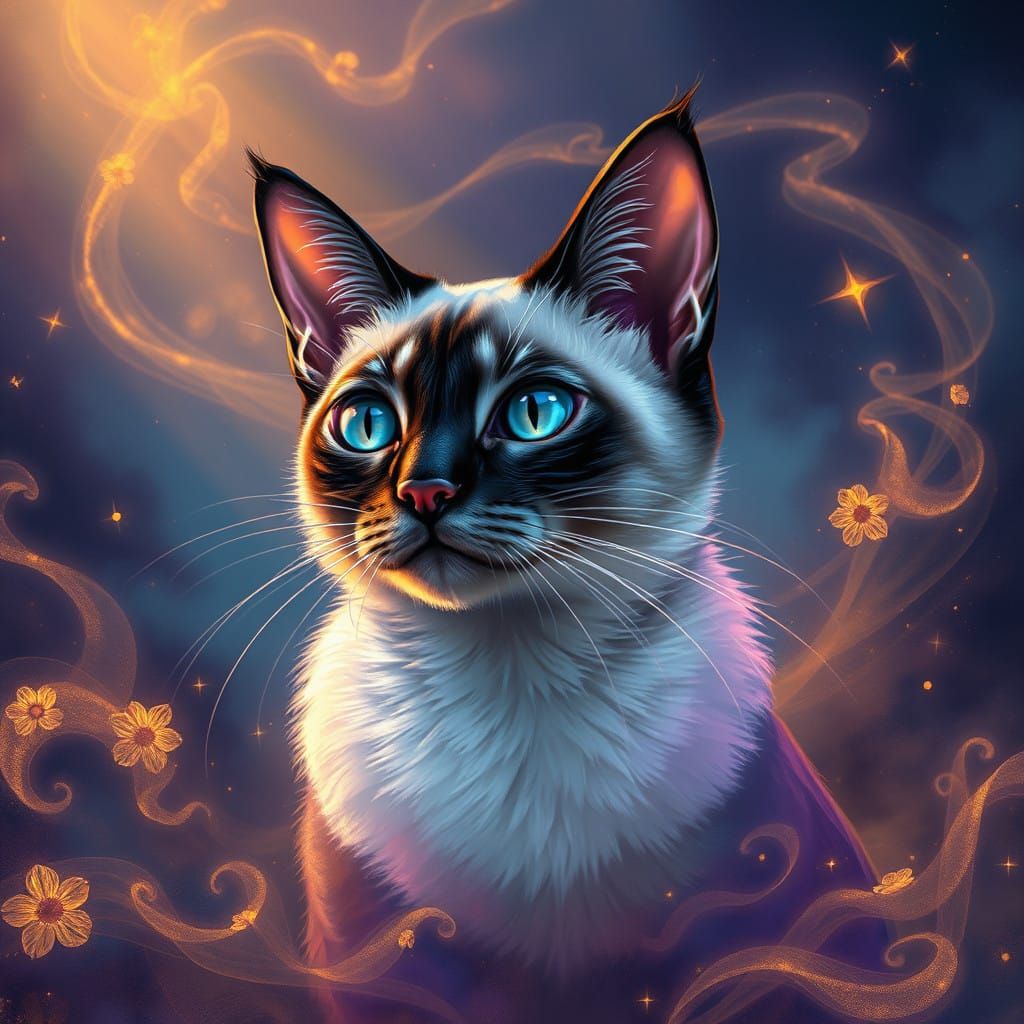 Mystical Siamese Cat in Dreamlike Environments