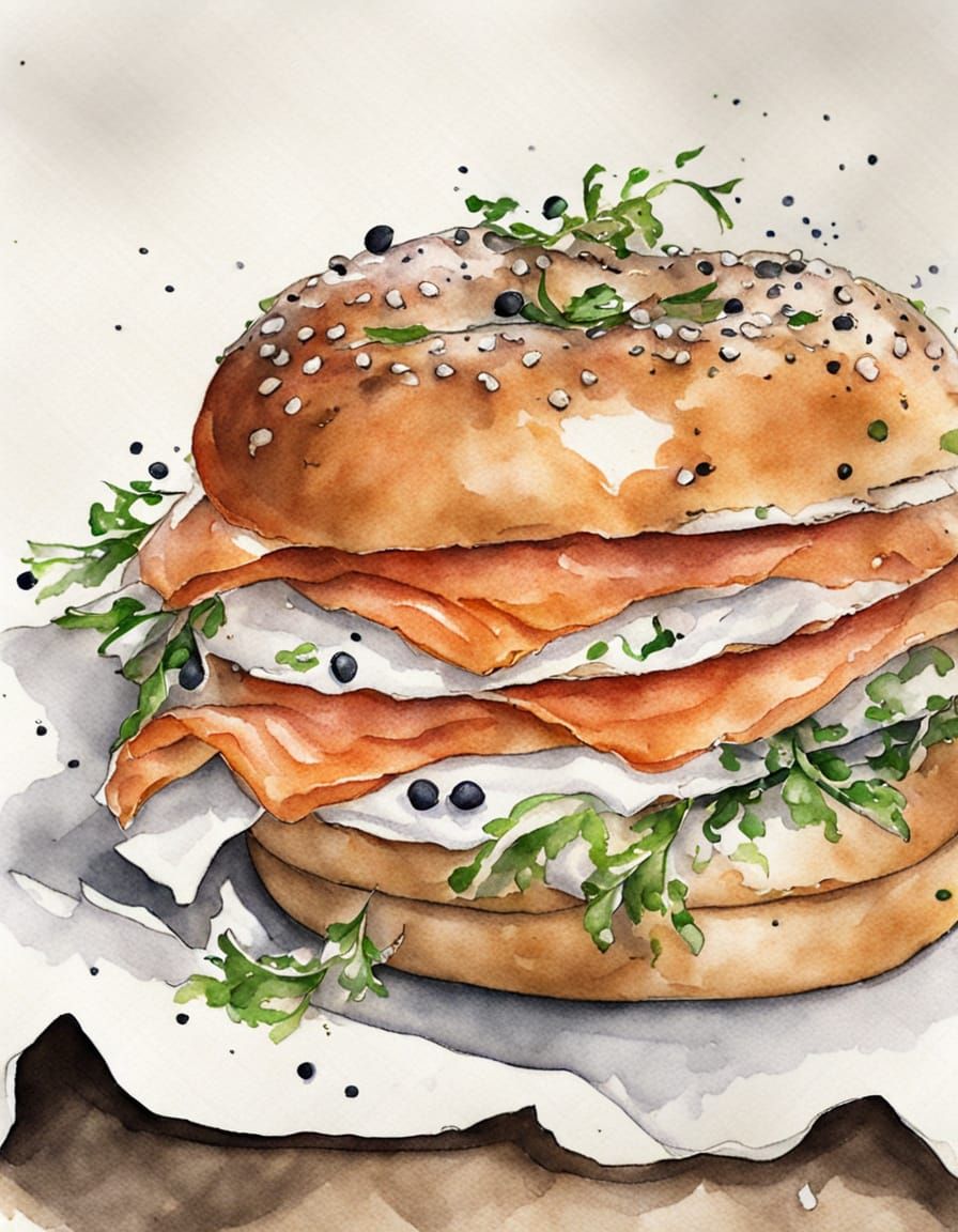 Watercolor Bagel Sandwich with Lox and Cream Cheese