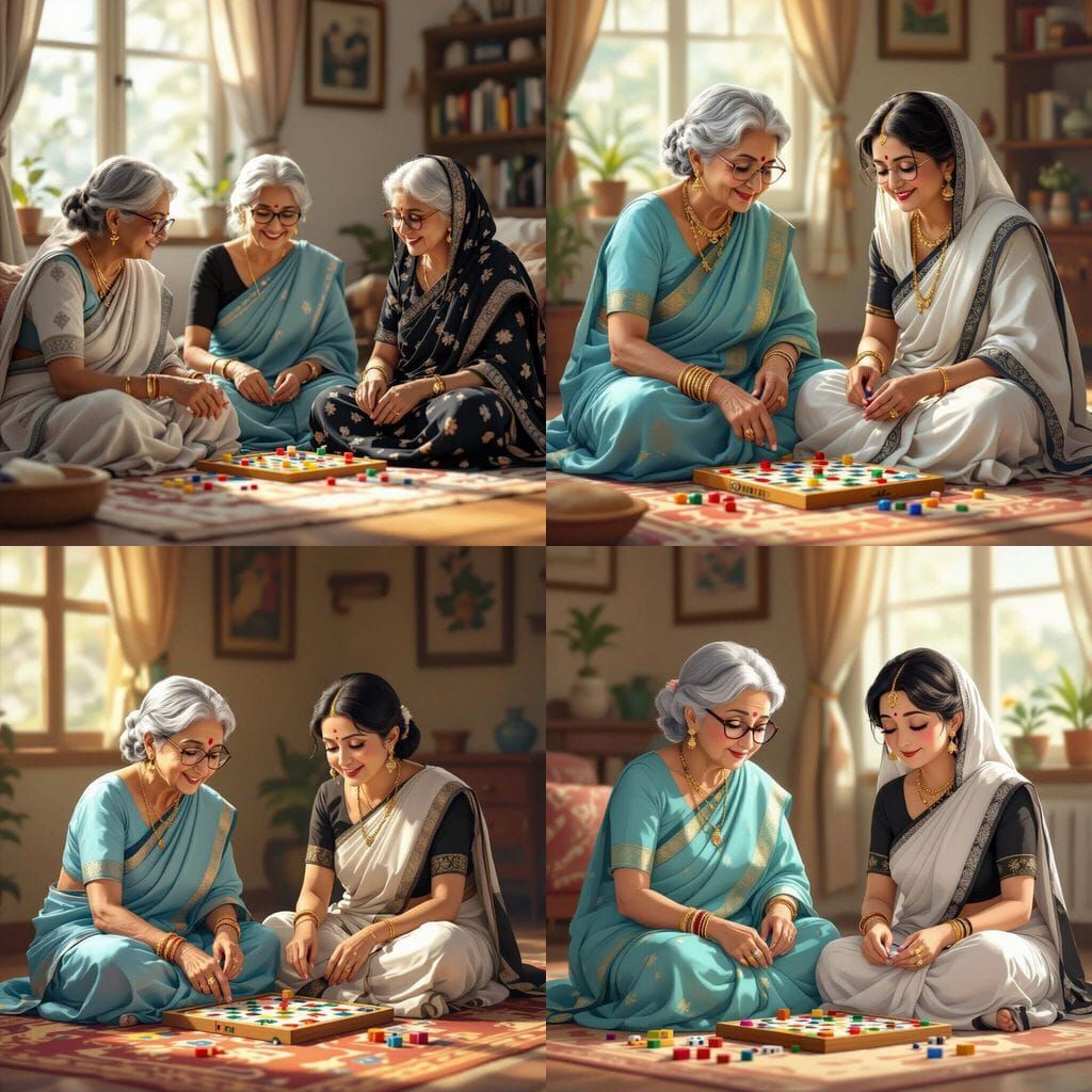 Elderly South Asian Women Play Ludo in Cozy Room