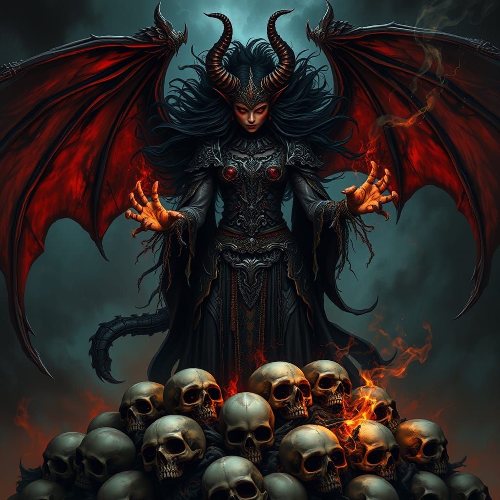 Surreal Demon Queen Reigns Over a Mountain of Skulls in Dark...