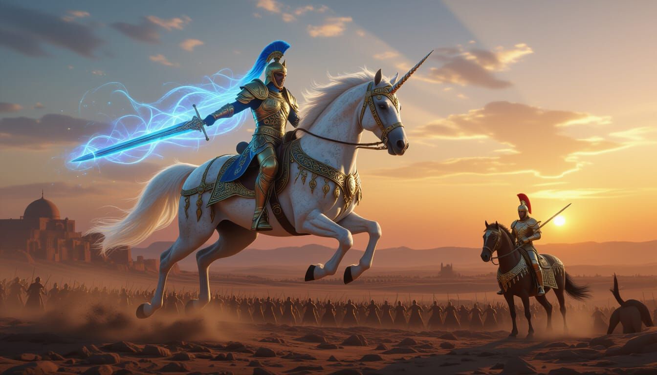 Armored White Horse Soaring Over Battlefield in Cosmic Surre...