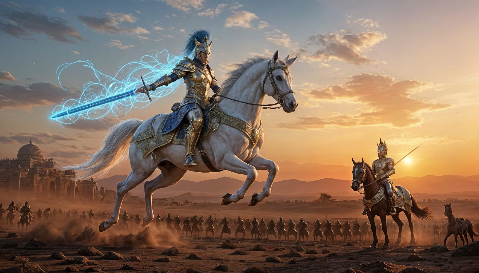 Armored Horse Flying Over Battlefield in Crimson Sky