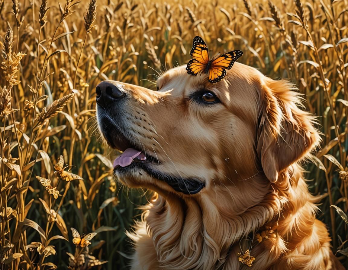 Golden Retriever with Butterfly, Hyperrealistic Image