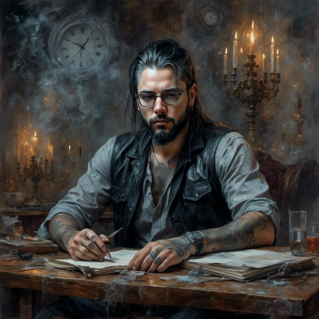 Goth Man Portrait with Silver Fractal Background