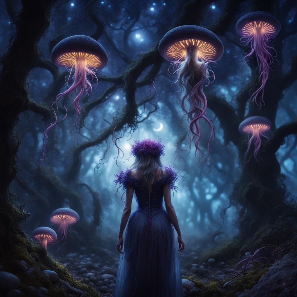 Mystical Night Spores in Dark Fantasy Forest