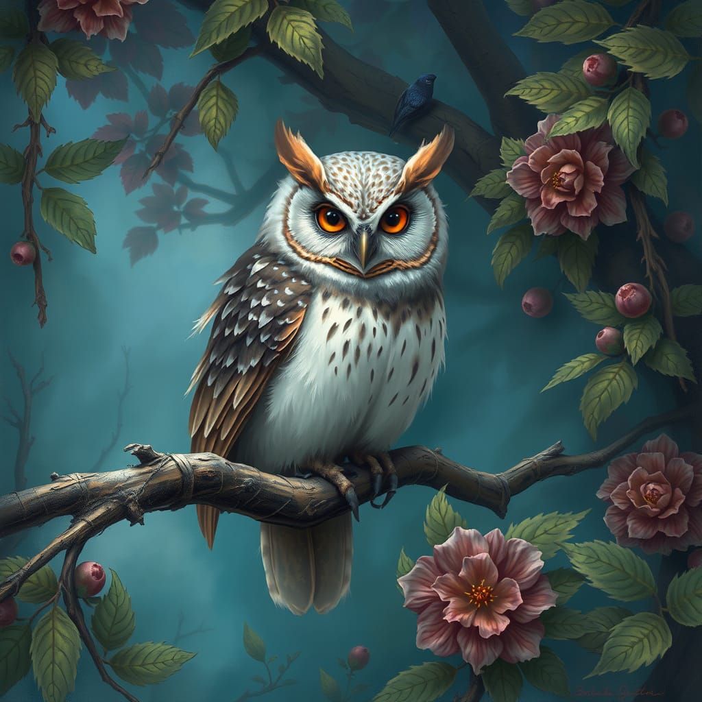 Misty Owl Perched on Branch in Gurney Style