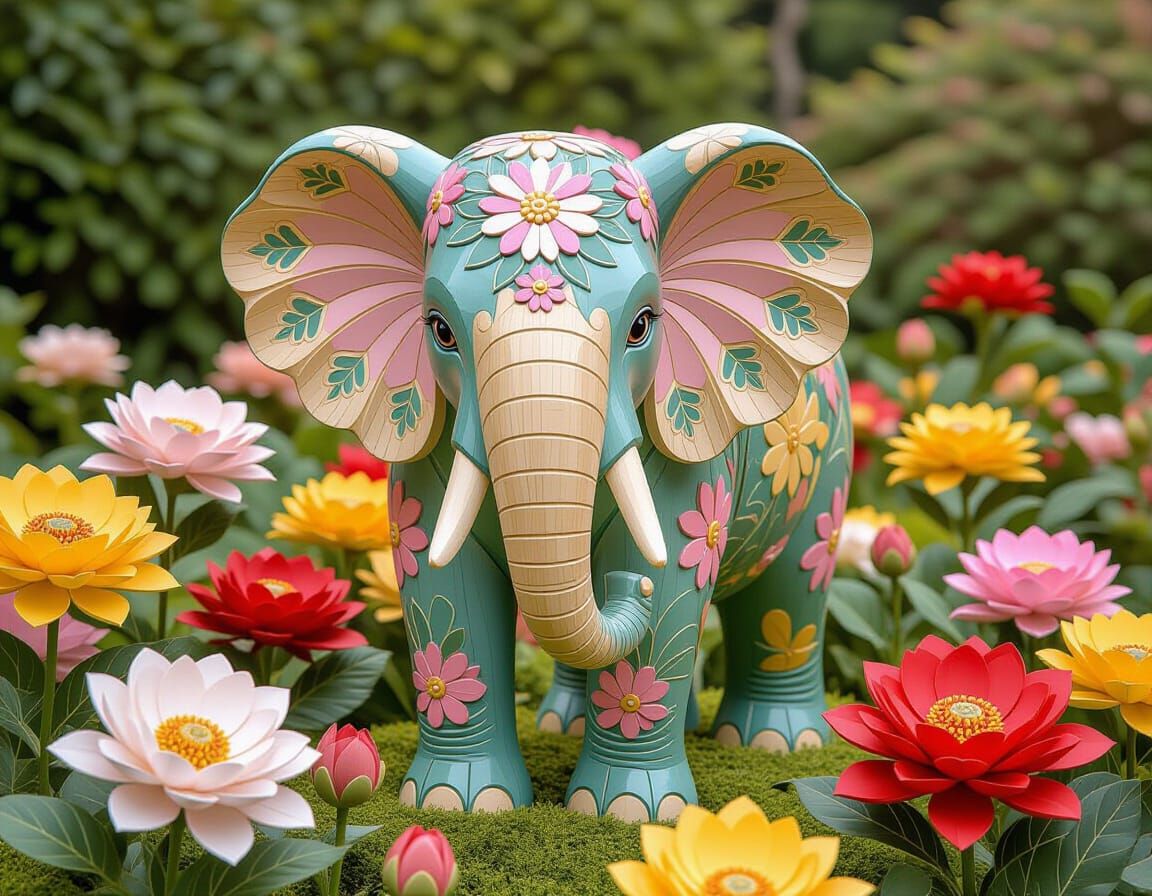 Wooden Elephant in Vibrant Garden, Whimsical Realism