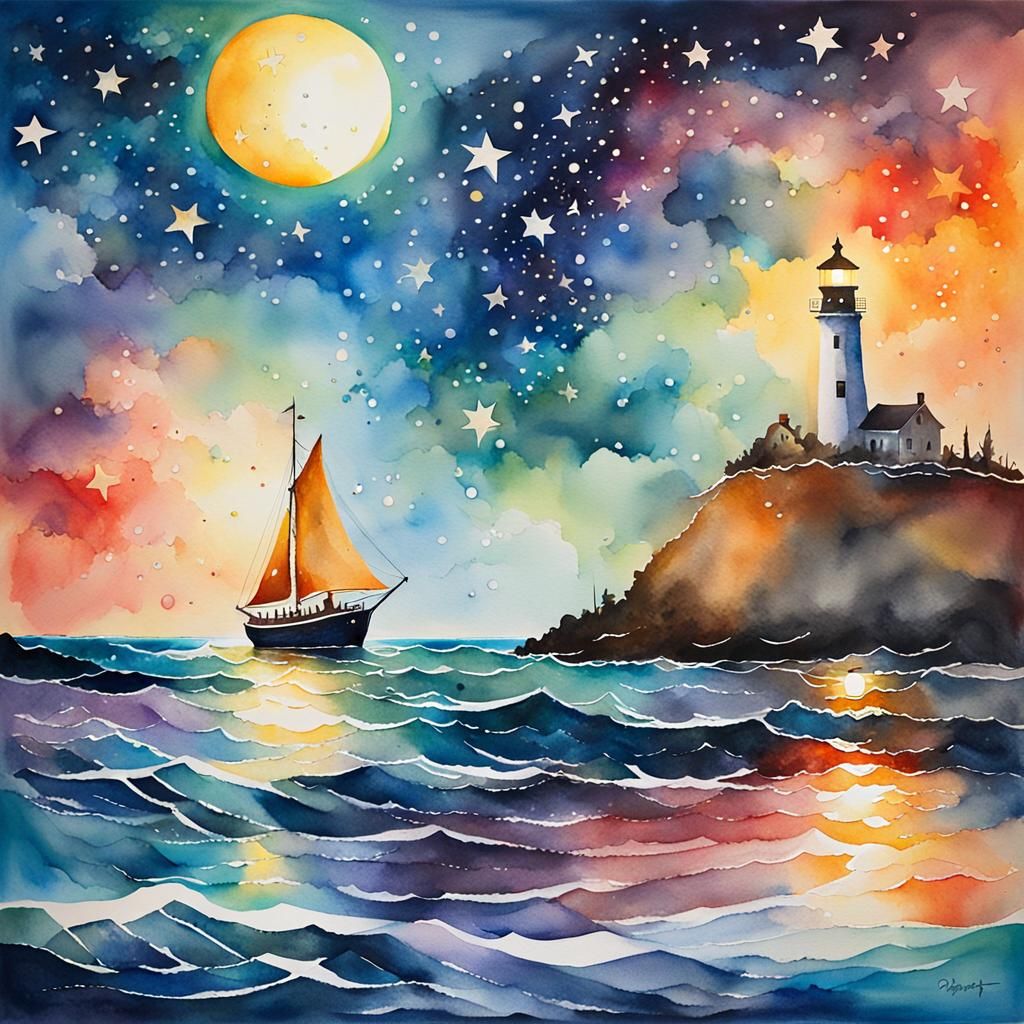 Sailing Ship in Starry Ocean: Watercolor Abstract
