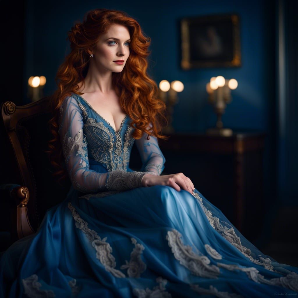 Elegant Woman in Vintage Gown with Auburn Hair