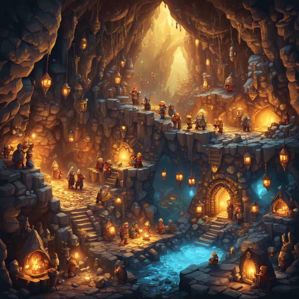 Dwarves Mining Glowing Gems: Pixel Art Fantasy