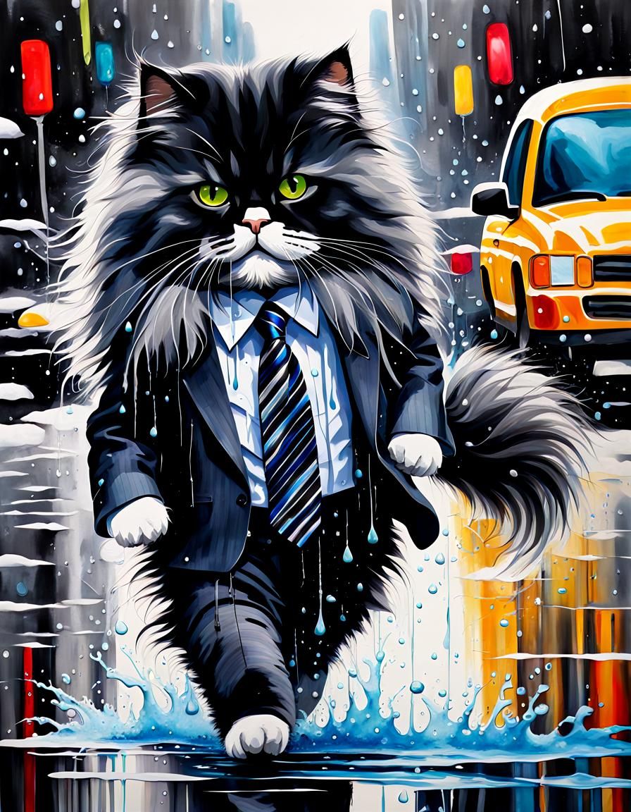 A vibrant alcohol ink with oil art of a Long-haired Persian Cat, walking on his hind feet, wearing a gray pinstripe suit...