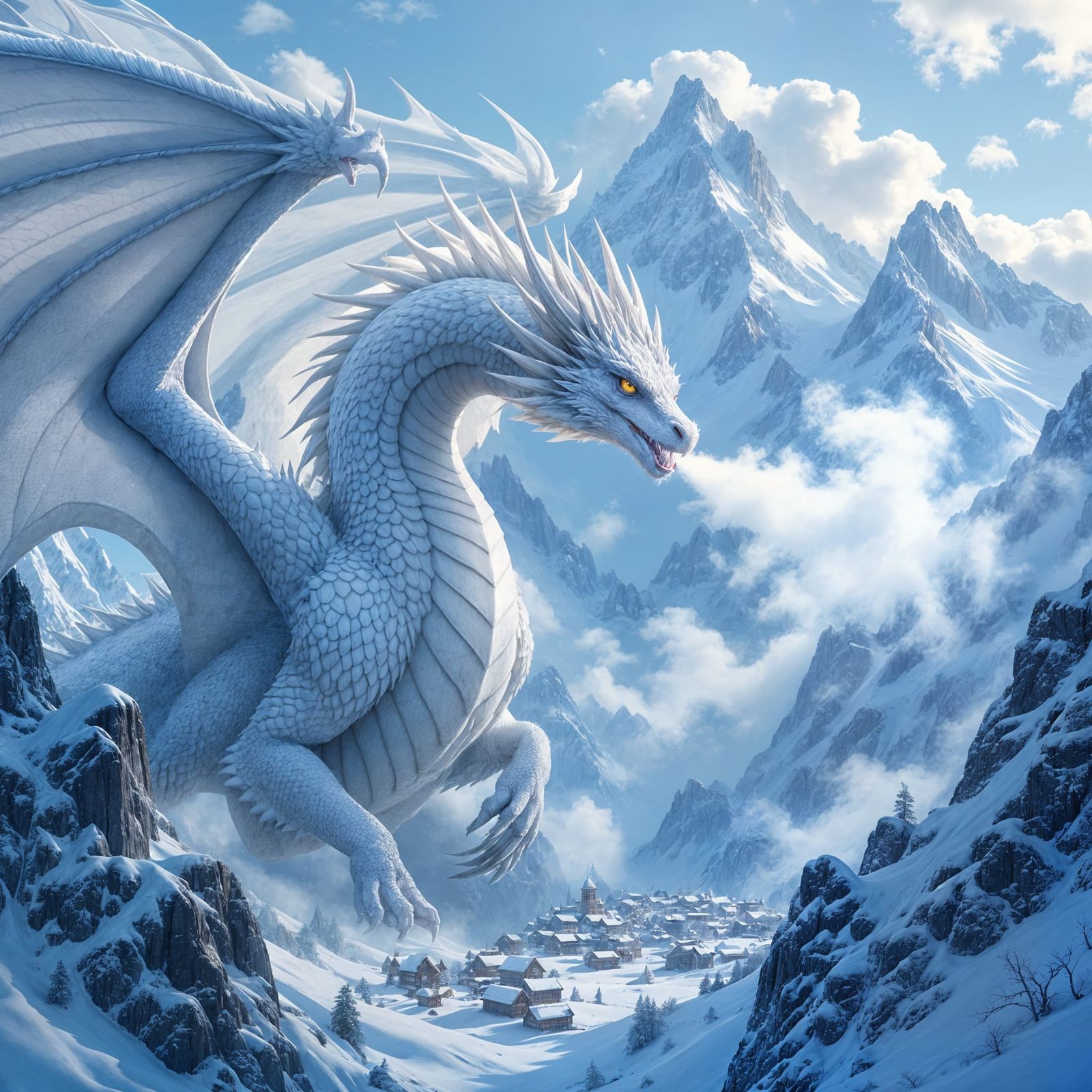 Icy Breath: A Hyperrealistic White Dragon Soars