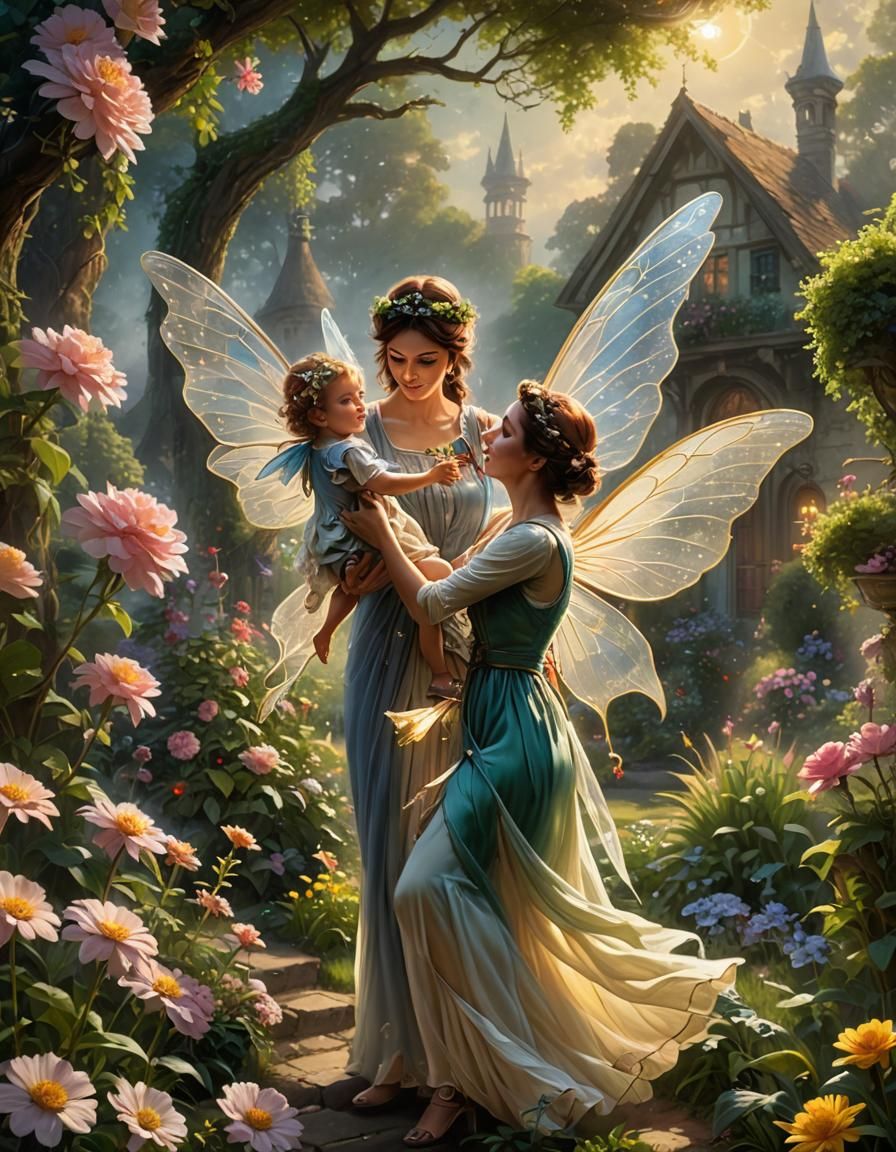 Mother and Child Fairies Learning to Fly