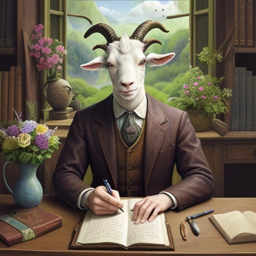 Whimsical Goat-Human Child Writes in Diary amidst Fantastica...