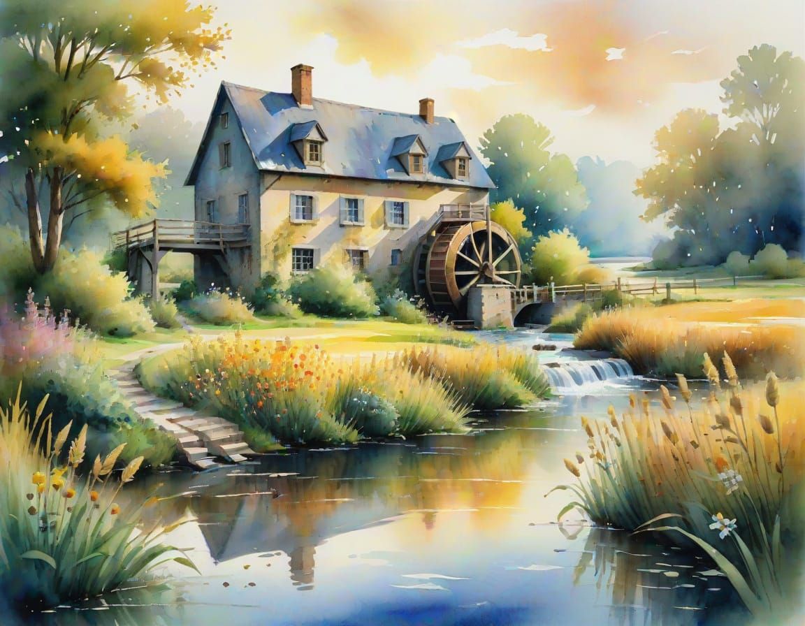 Water Mill in a Serene Watercolor Landscape