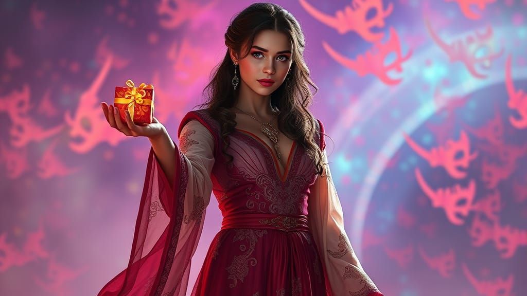 Woman Offering a Gift in Hyperrealistic Style