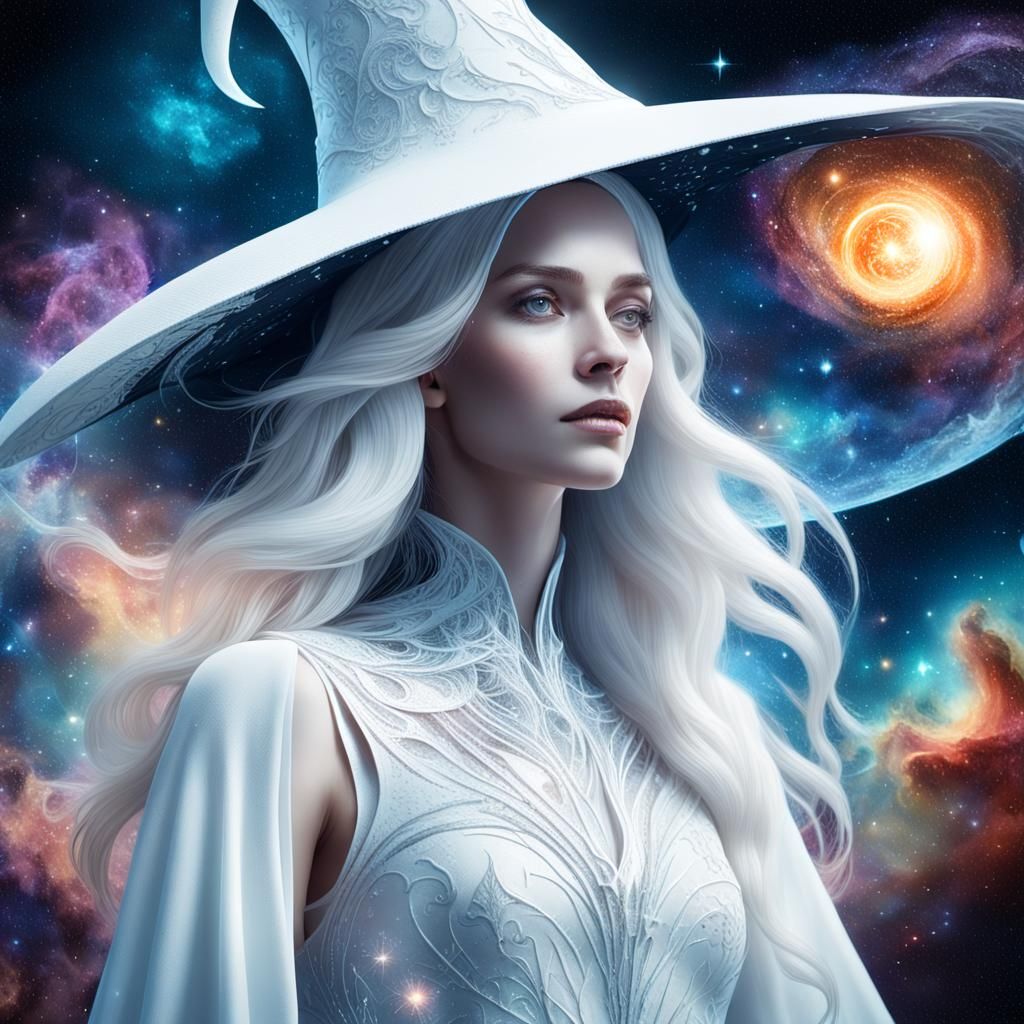 Ethereal White Witch Silhouette in Double Exposure