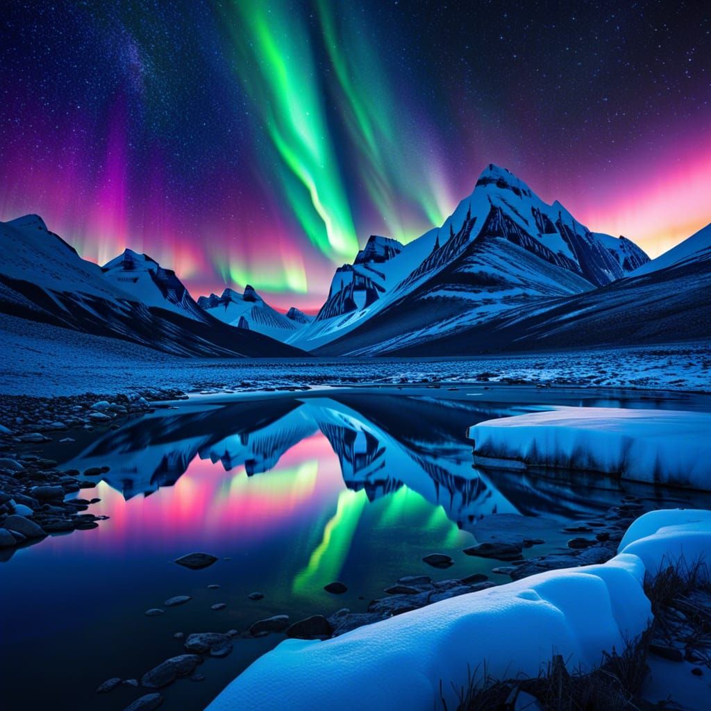 Northern Lights Over Icy Tundra Landscape