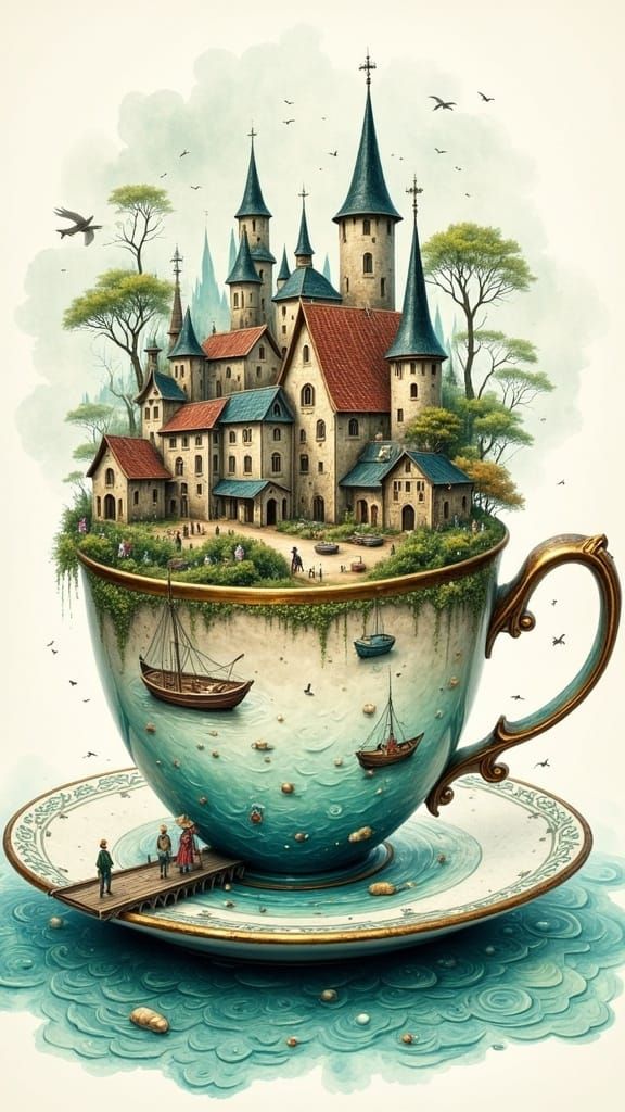 Coastal Village in Teacup: Dreamlike Illustration