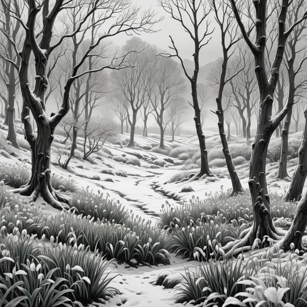 Winter Scene in Europe: Detailed Black and White Line Art