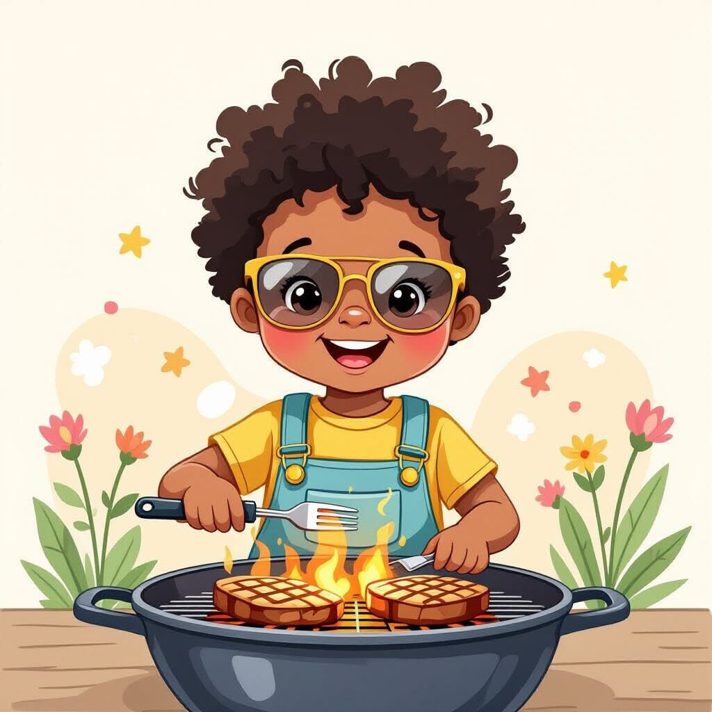 Cute Kid at BBQ in Pastel Illustration