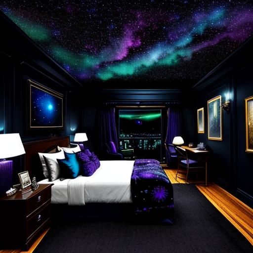 Vibrant Spacecore Kid's Bedroom with Starry Walls