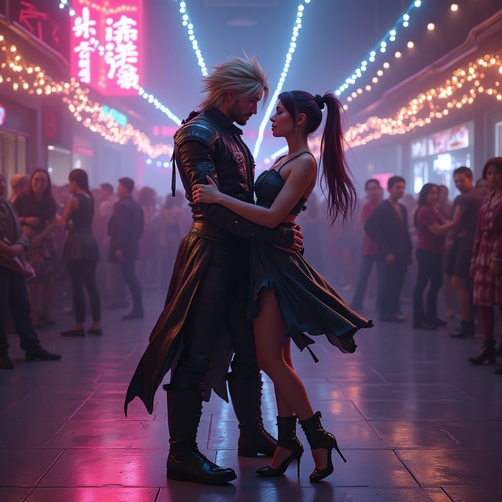 Zell and Rinoa Dancing on a Cyberpunk Neon Dance Floor