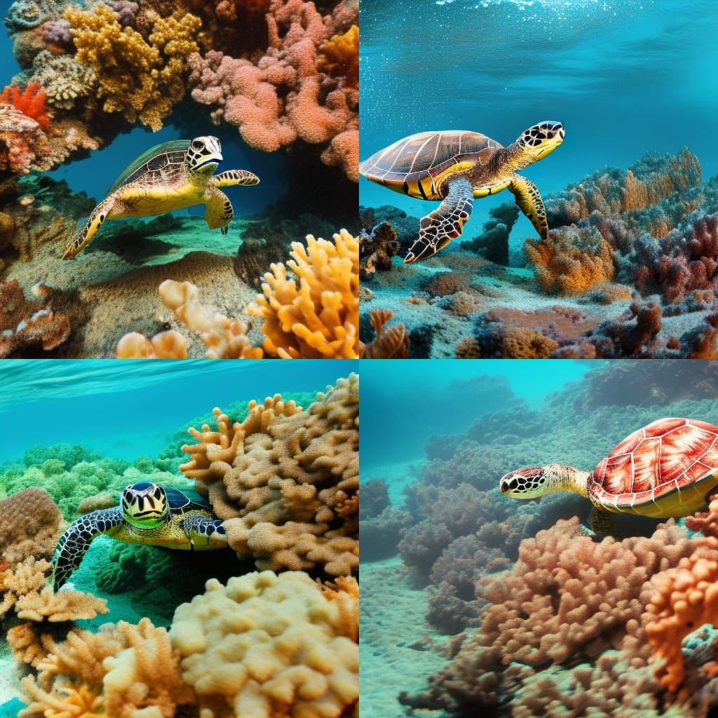 Turtle Swimming Over Coral Reefs in Natural Light
